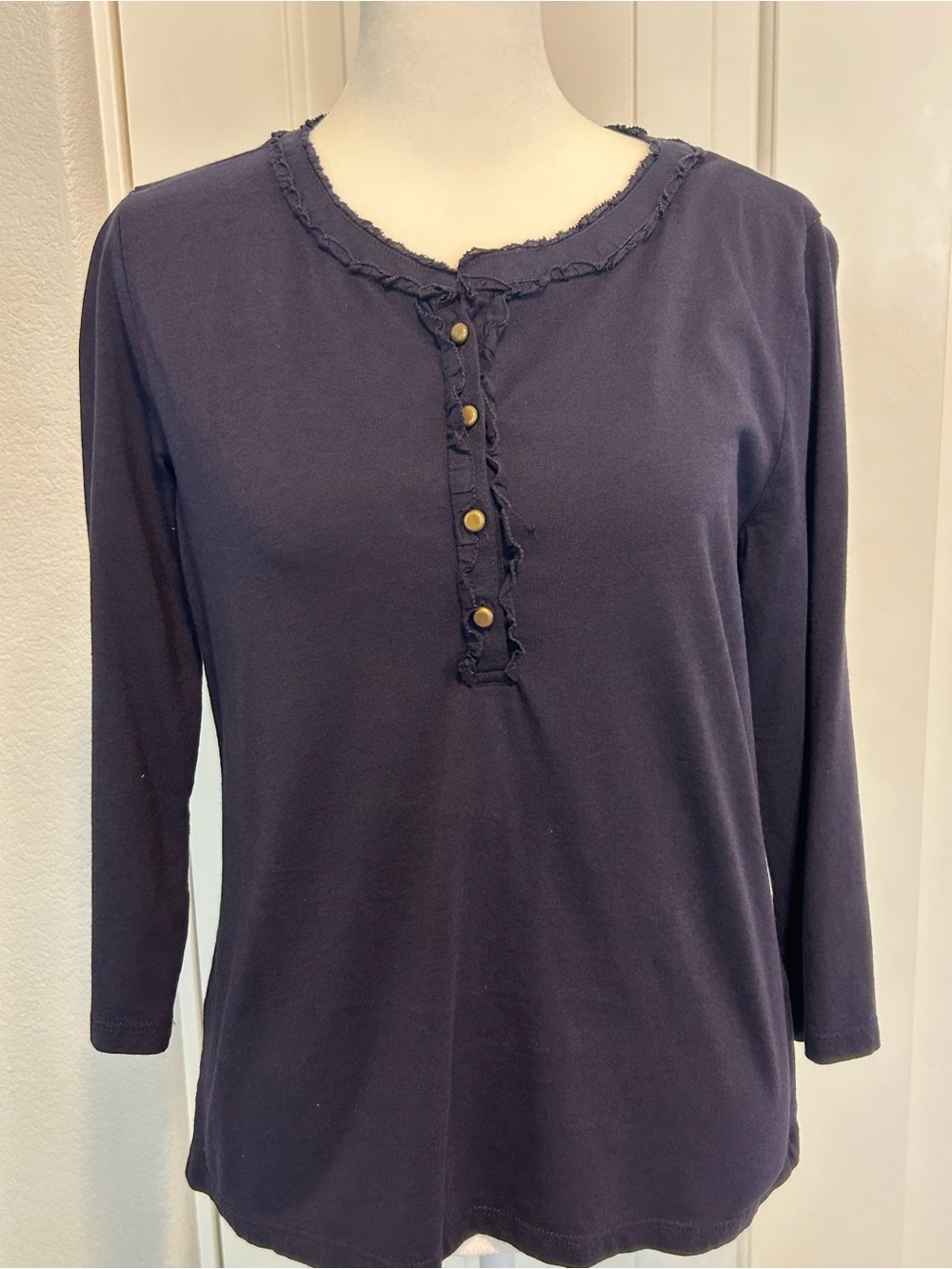 Talbots Navy Long-Sleeve Henley with Frayed Trim